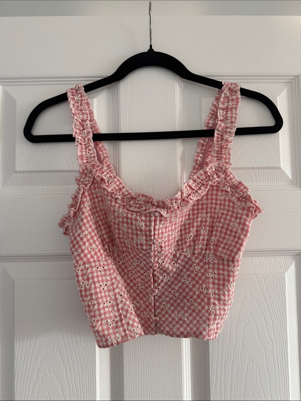 Pink Gingham Ruffle Eyelet Crop Top